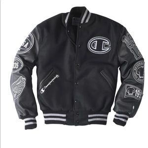New Champion Black Leather/Wool Varsity Jacket.